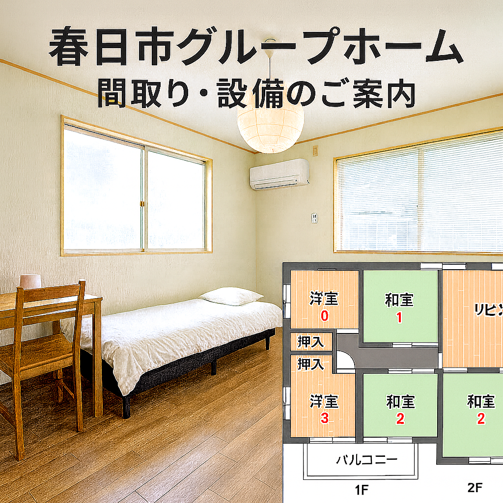 福岡県春日市のグループホーム｜洋室・和室を備えた戸建5LDK間取り図と明るいモデルルーム写真｜家具家電付きで安心入居