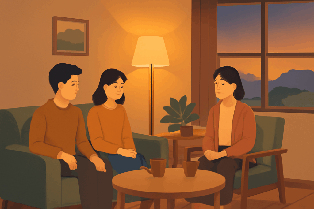 夕方のリビングで穏やかに団らんする30代の日本人女性たち。落ち着いた照明の中、座って会話を楽しむ様子が描かれ、安心感と家庭的な雰囲気を表現しているイラスト。障がい者グループホームの外泊ルールや共同生活に関するブログ記事に最適な視覚コンテンツ。