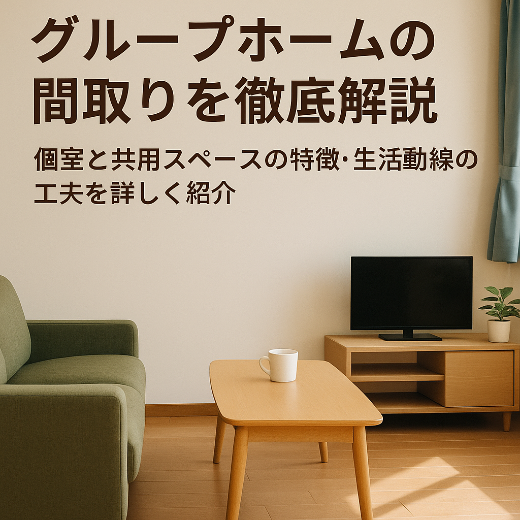 グループホーム『わたしの居場所』の間取りイメージを伝えるプロモーション用デジタルグラフィック。明るく清潔感のある室内を背景に、サービスの特徴や問い合わせ先が視認性高くデザインされている。