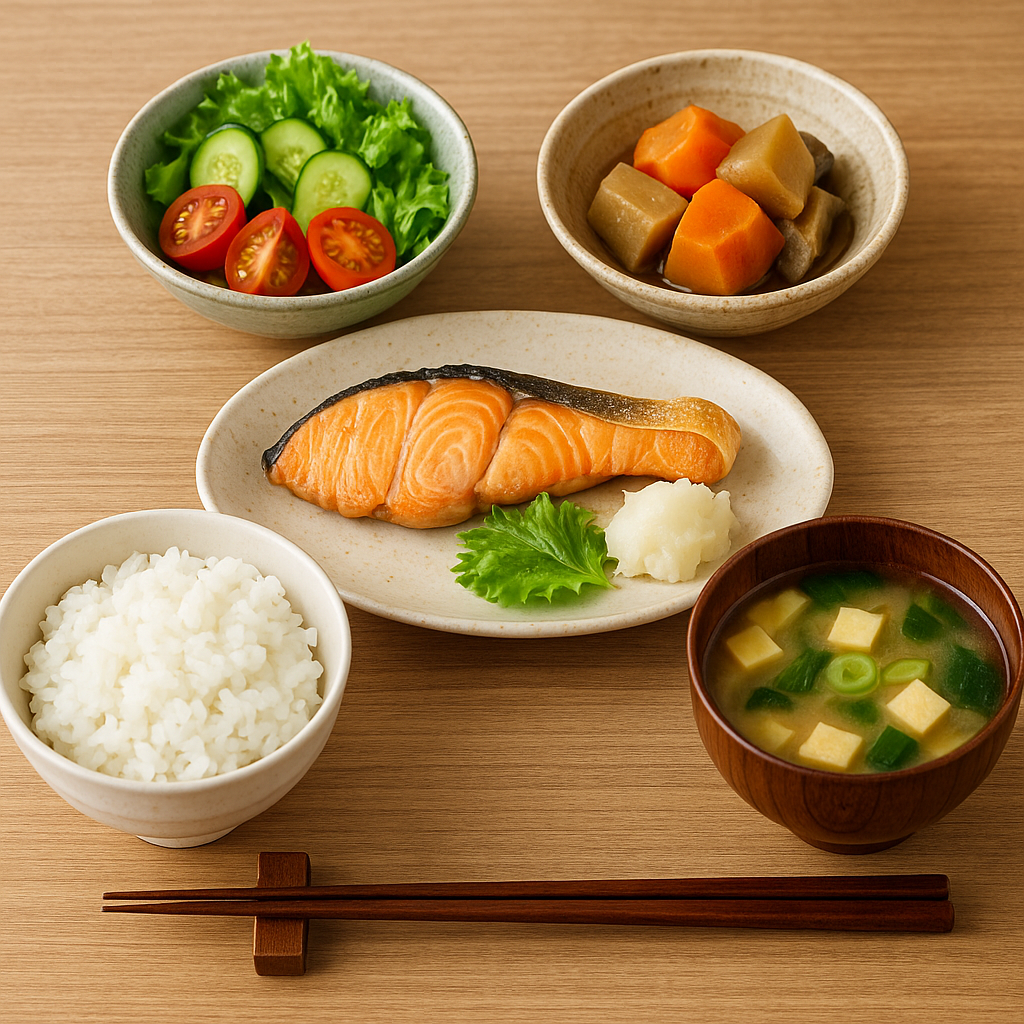 グループホームで提供される栄養バランスの取れた定食。ご飯、味噌汁、メインのおかず、野菜の副菜、小鉢、緑茶がセットになった和風の家庭的な食事