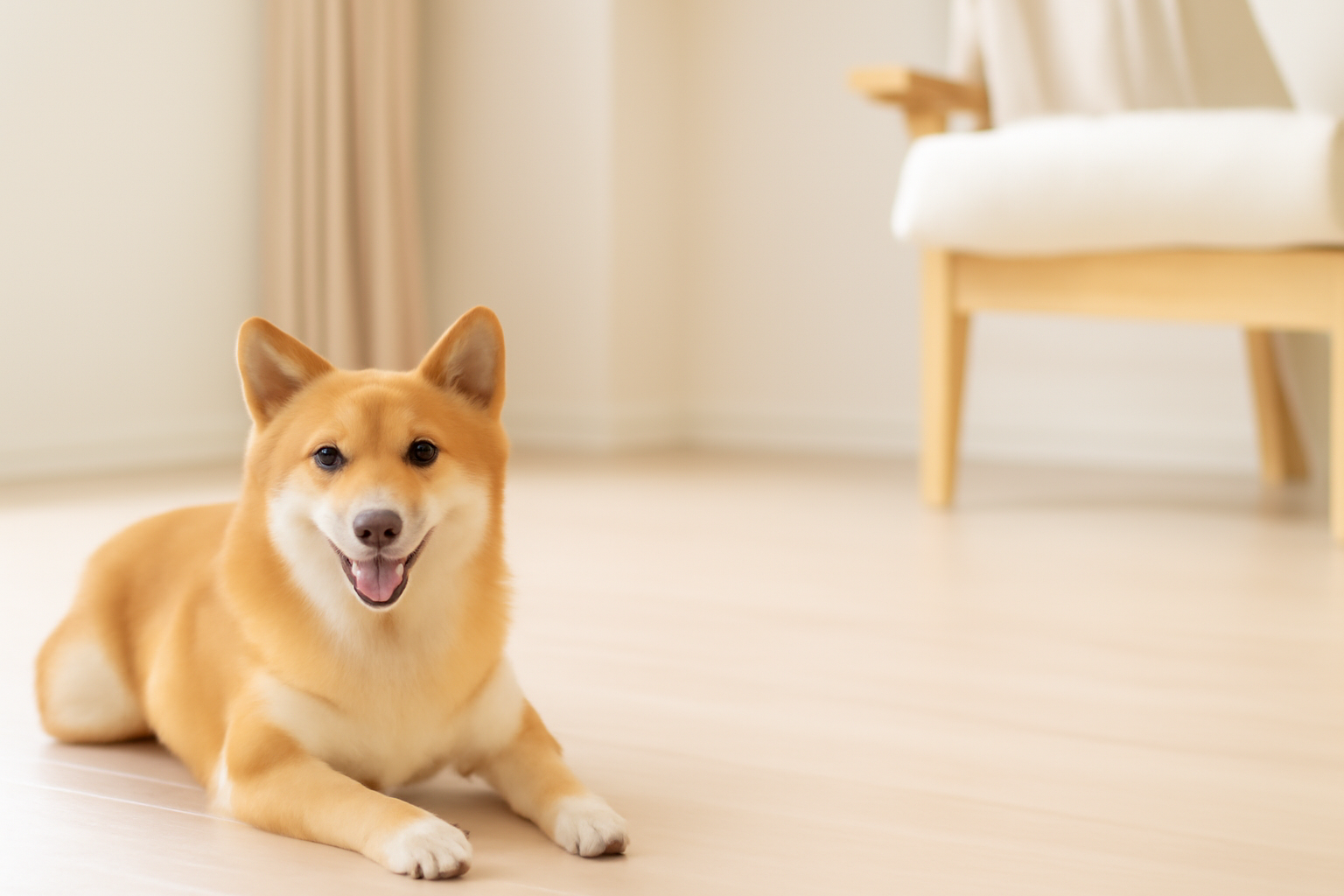 グループホームの玄関先でおすわりする柴犬。ペット共生型障がい者グループホームの温かみと安心感を表現するイメージ。