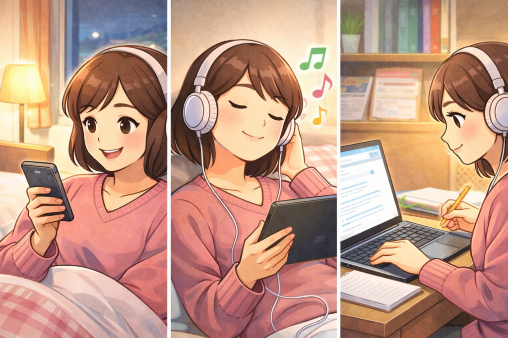 個室Wi-Fi完備のグループホーム「わたしの居場所」で、女性入居者が自室でスマートフォンやタブレット、パソコンを使い、穏やかに自分の時間を過ごしているイメージイラスト