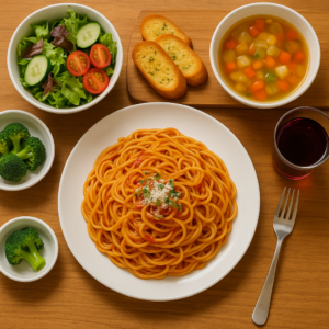 パスタを中心にサラダやパン、スープなどが並んだ彩り豊かな晩ごはんの食卓。家庭的な雰囲気の中でバランスの取れた洋風メニューが揃っており、健康的な夕食シーンを表現している。