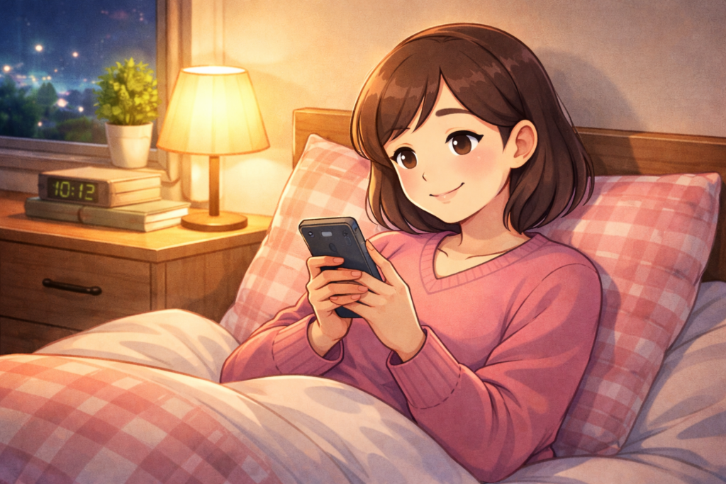 個室Wi-Fi完備のグループホームで、夜の落ち着いた自室にてスマートフォンを使い、柔らかな照明の中でくつろぐ女性入居者のイメージ画像