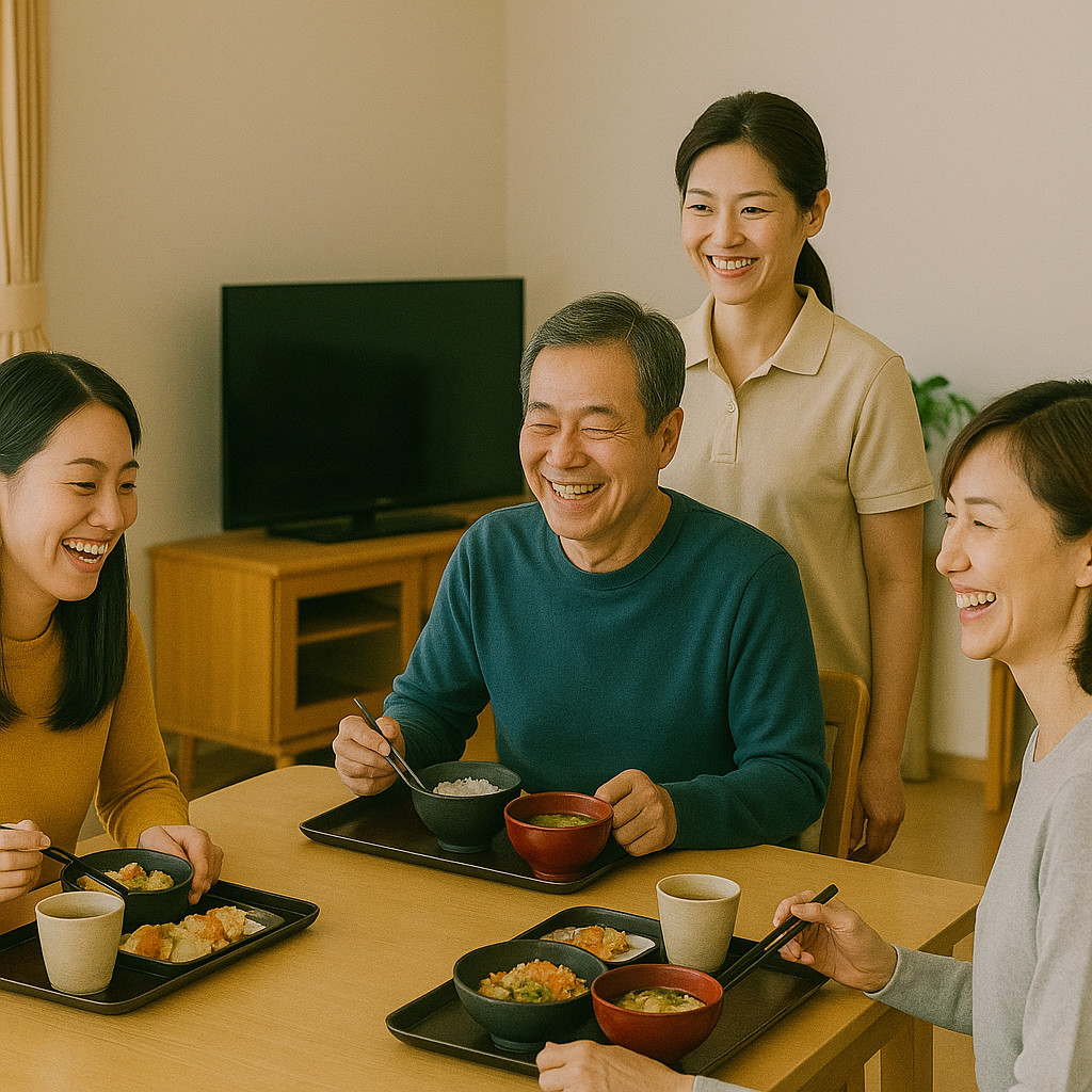 障がい者グループホームのリビングで入居者がスタッフと一緒に食事をしている様子