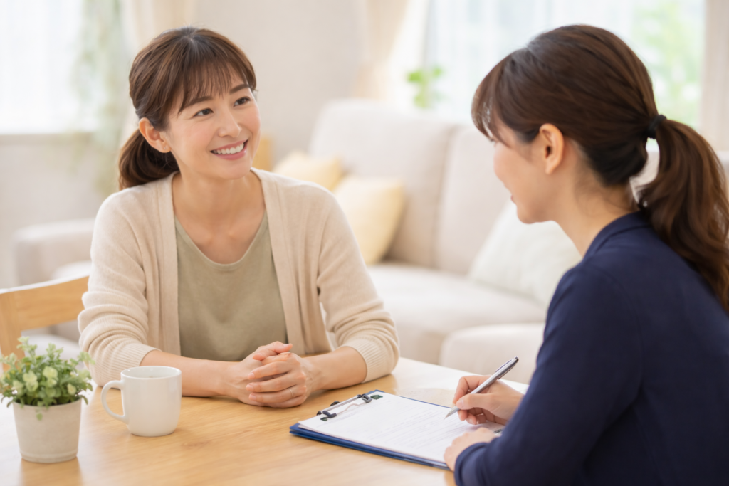 明るいリビングのテーブルで、30代女性入居者と支援スタッフが穏やかに話し合っている春日市の障がい者グループホームの支援風景