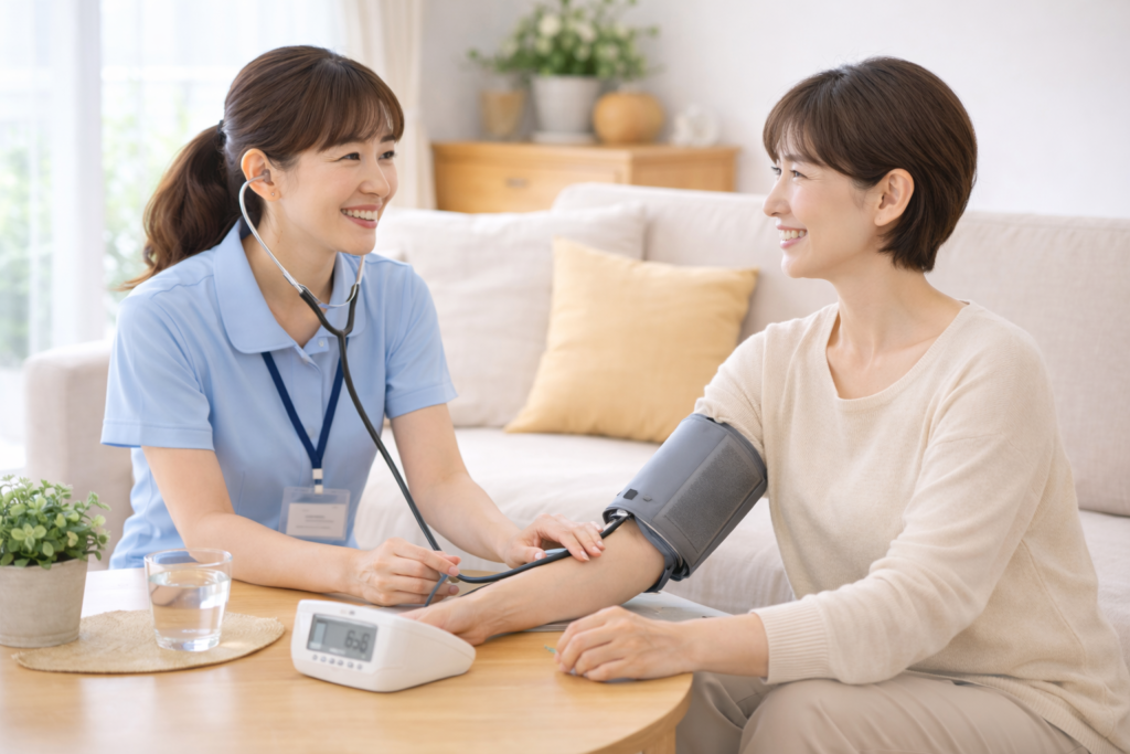 自宅のリビングで、看護師と会話しながら血圧測定を受けている40代女性入居者の障がい者グループホームにおける訪問看護の様子