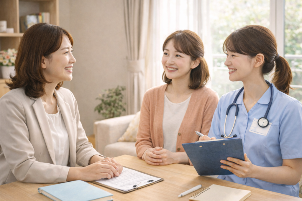 グループホームの相談スペースで、相談支援専門員・40代の女性入居者・訪問看護師がテーブルを囲んで笑顔で話し合っている様子。医療連携や通院サポートの打ち合わせをイメージした写真。