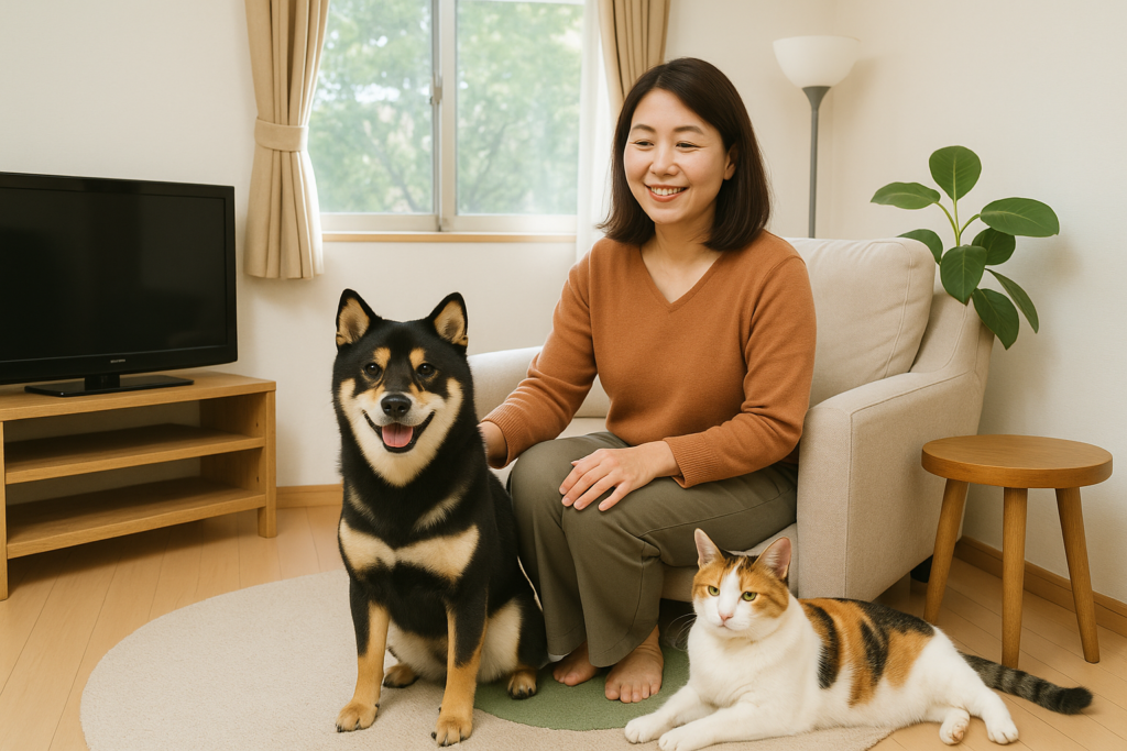 グループホームのリビングで犬とくつろぐ30代の日本人女性入居者の様子を写した写真。ペット共生型住宅での安心した日常生活を表現。