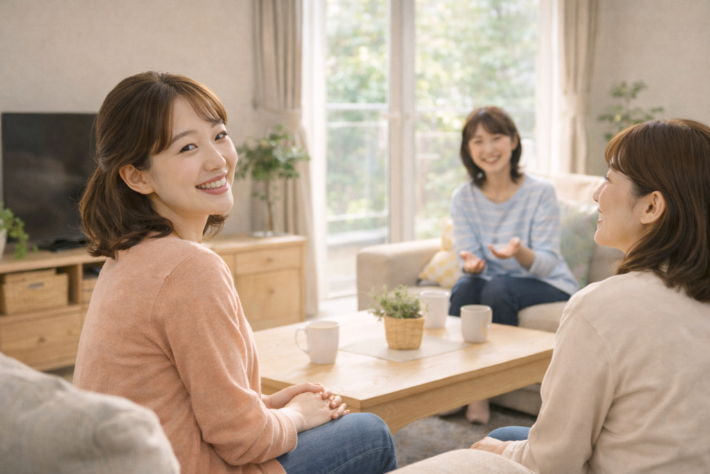 グループホームの明るいリビングで、40代前後の女性入居者たちがソファを囲んで談話し、笑顔で過ごしている様子。自然光が差し込む落ち着いた空間で、安心して生活している雰囲気が伝わる写真。