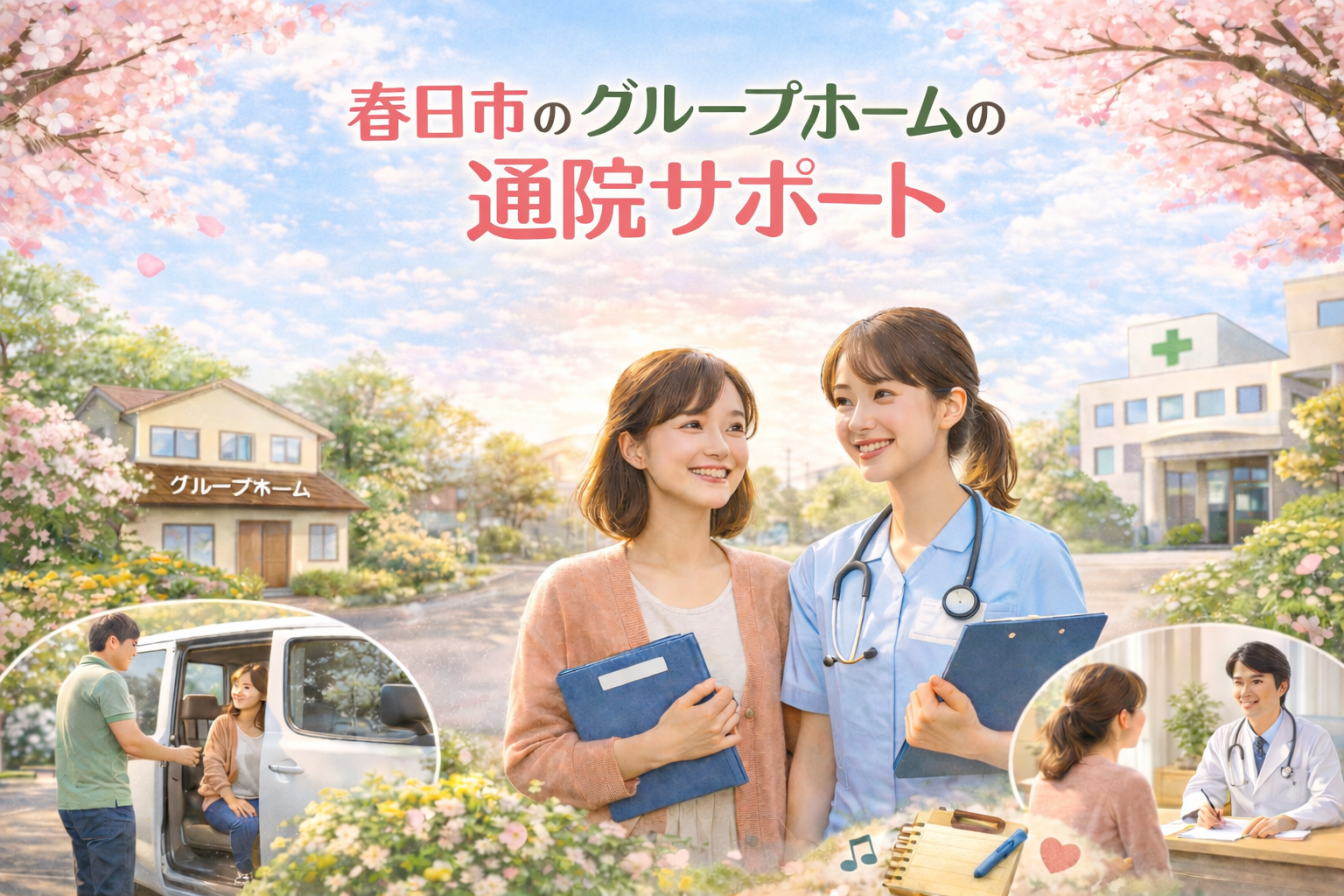春日市のグループホームの前で、女性入居者と看護師が笑顔で並んでいる様子を写した写真。背景には桜が咲く住宅街と病院があり、通院サポートの雰囲気がわかる構図。
