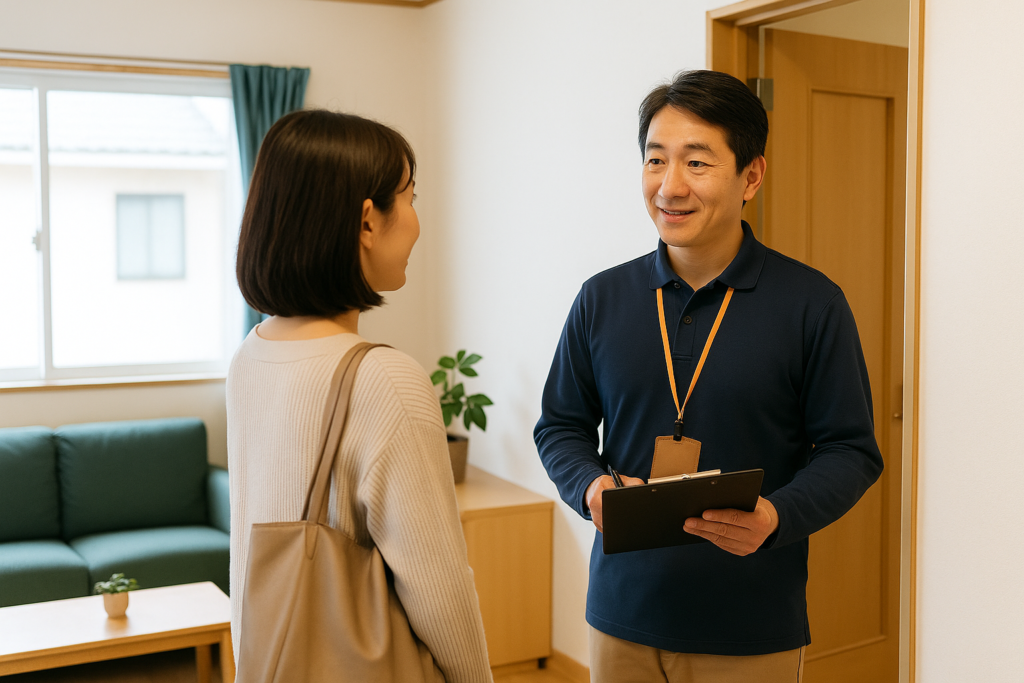 グループホームのリビングで、スタッフと30代の日本人女性が内覧時に会話をしている様子。明るく清潔感のある室内で、安心感のある雰囲気を伝える光景。