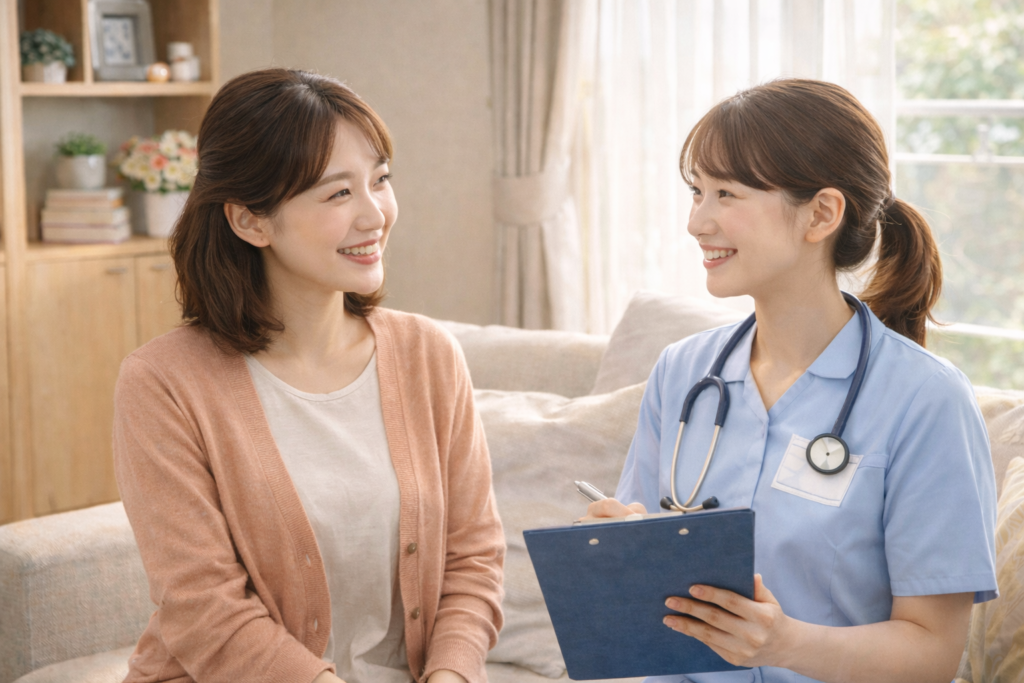 グループホームのリビングで、40代の女性入居者と訪問看護師が向かい合って笑顔で話している様子。落ち着いた室内で、安心して相談できる訪問看護の場面が伝わる写真。