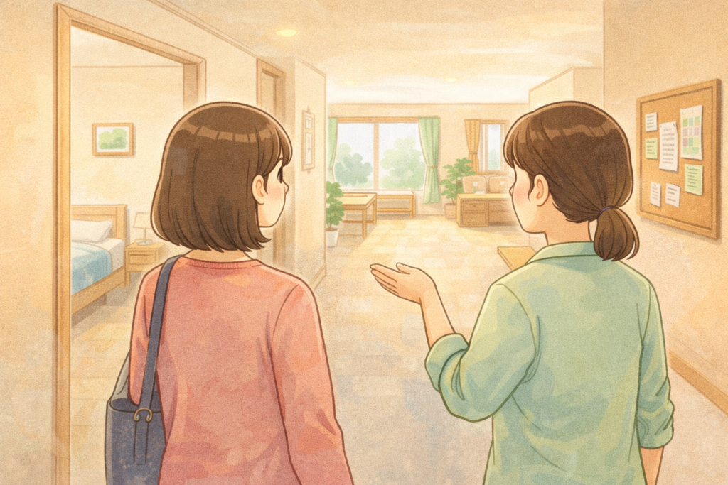 障がい者グループホームの施設内を、スタッフが入居検討者に案内している様子を後ろ姿で表したイメージイラスト