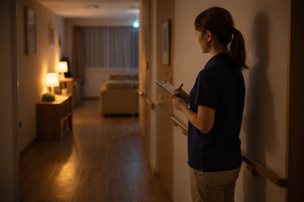 夜間のグループホームの廊下で、間接照明の中、静かに見守りを行うスタッフの様子。入居者が安心して過ごせる夜間支援のイメージ。