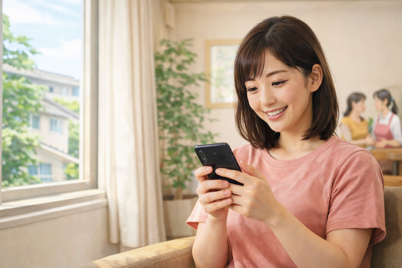 明るい日差しが差し込むリビングで、スマホを操作する30代女性の様子。障がい者グループホームでの安心した日常生活とスマホ利用をイメージした写真。