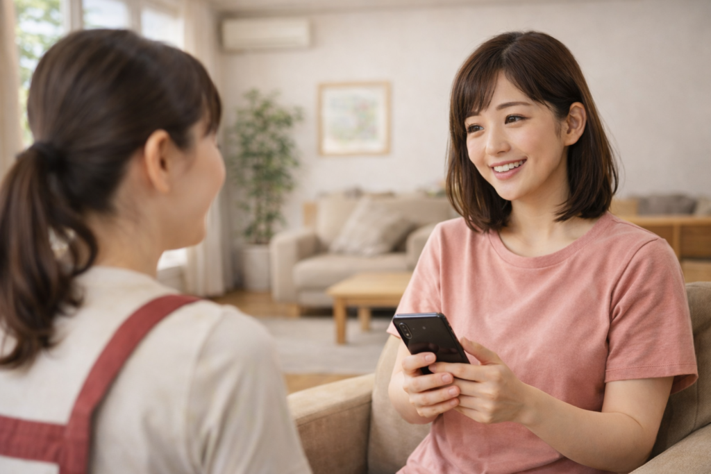 リビングでスマホを手にしながら、スタッフと会話をしている女性入居者の様子。障がい者グループホームでの安心した日常生活を表した写真。