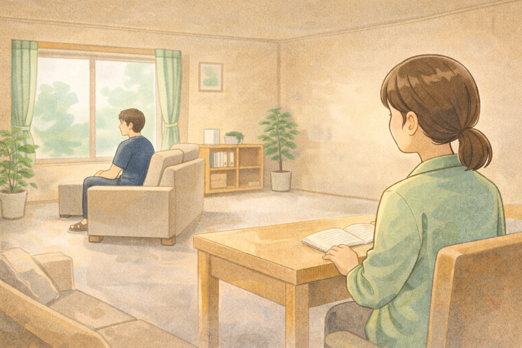 障がい者グループホームの静かなリビングで、スタッフが少し離れた位置から入居者を見守っている様子を表したイメージイラスト