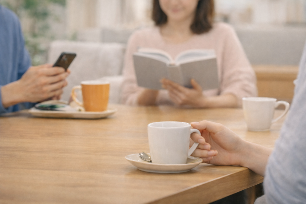 グループホームの共有スペースで、入居者がそれぞれのペースで過ごす様子を、手元だけで表した落ち着いた生活風景