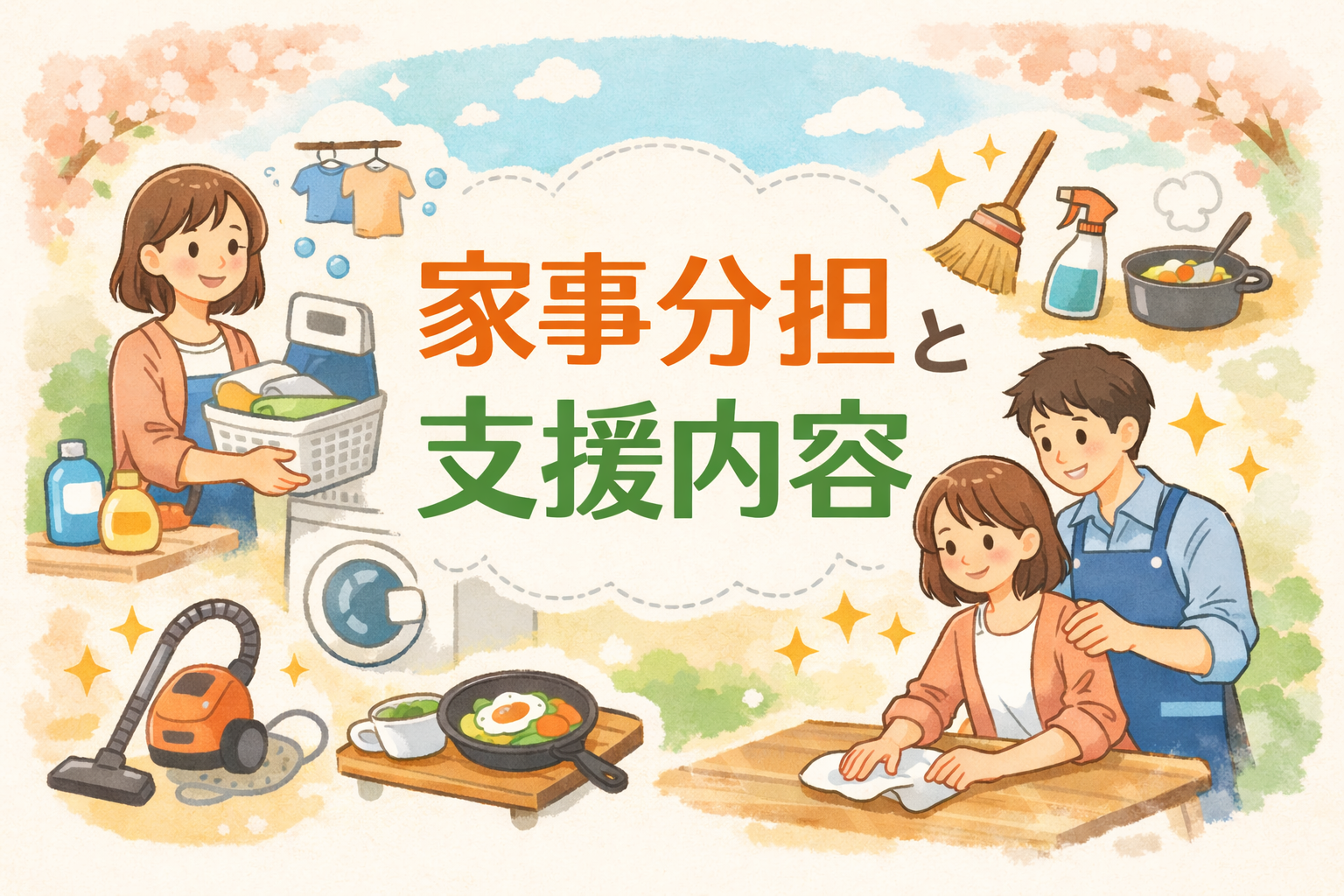 家事分担と支援内容を説明するイラスト。洗濯や掃除を入居者が行い、必要に応じてスタッフがそっと支援している、障がい者グループホームの日常生活をやさしく表現したイメージ。