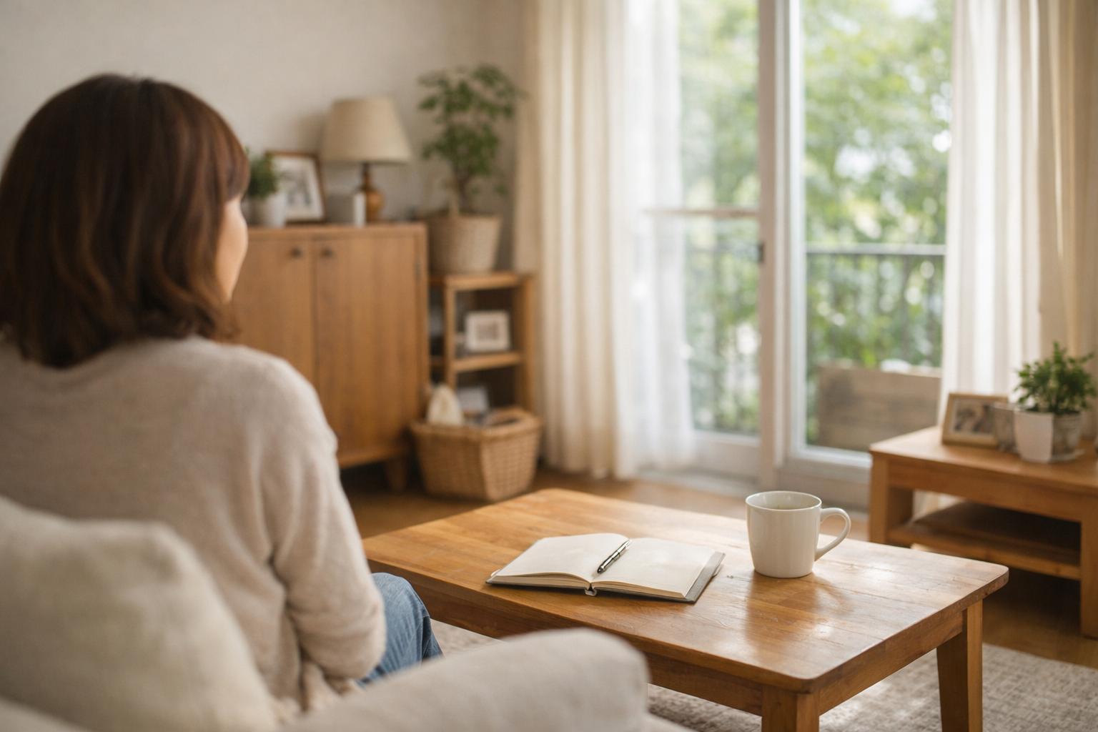 自然光が差し込む落ち着いたリビングで、ノートとマグカップが置かれたテーブルを前に、静かに考え事をしている女性の後ろ姿。家族や支援者が安心して将来を考えられる空間。
