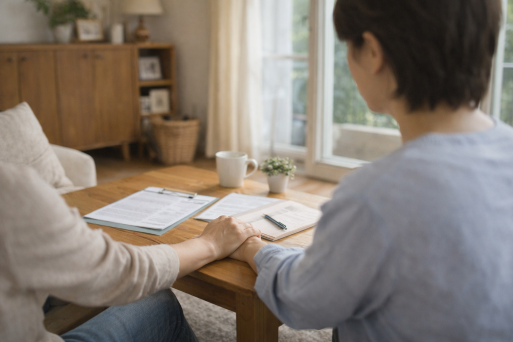 自然光が入る落ち着いたリビングで、書類を広げたテーブルを前に、家族や支援者が手を添えながら住まいについて話し合っている様子。安心感のある生活空間。