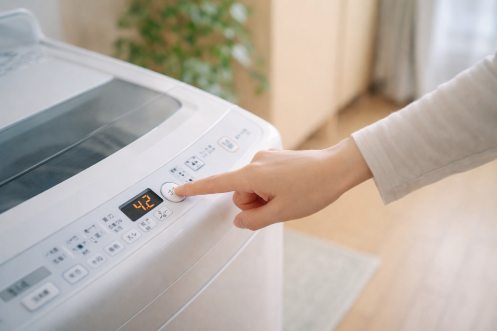 洗濯機の操作パネルでスタートボタンを押している手元の様子。入居者が自分のペースで洗濯を行う、障がい者グループホームの日常生活を表したイメージ。