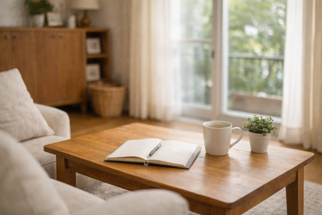 自然光が差し込む窓辺のリビングで、マグカップとノートが置かれたテーブル。人物のいない静かな生活感があり、落ち着いて将来を考えられる空間。