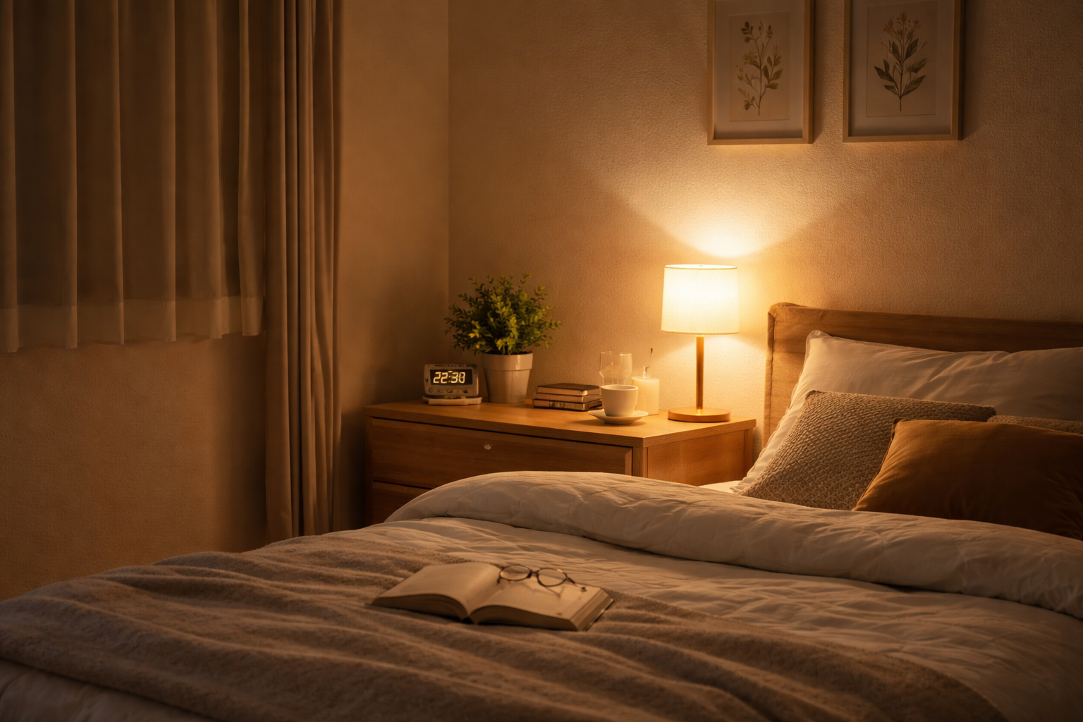夜の寝室で、間接照明だけが灯る落ち着いたベッドサイドの様子。安心して眠れる障がい者グループホームの夜間環境をイメージした室内写真。