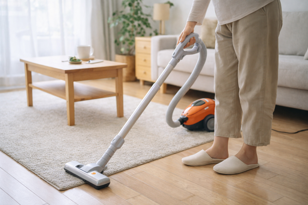 明るい室内で掃除機をかけて部屋の掃除をしている手元の様子。入居者が自分のペースで掃除に取り組む、障がい者グループホームの日常生活を表したイメージ。
