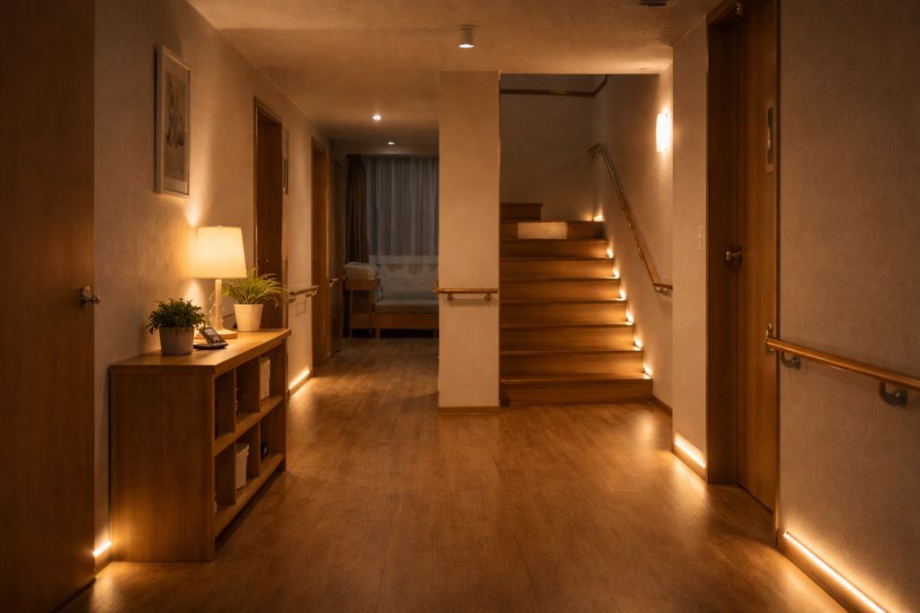 夜間でも迷わないよう、廊下や階段につながる通路に間接照明が設置されたグループホームの室内。安心して移動できる夜間の動線を表したイメージ。