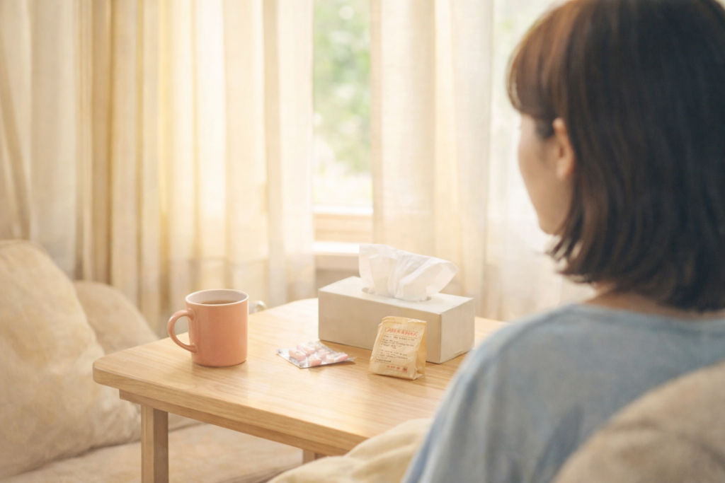 カーテン越しのやわらかい光が差し込む室内で、テーブルにマグカップとティッシュ、薬袋が置かれ、横顔の女性が静かに過ごしている様子