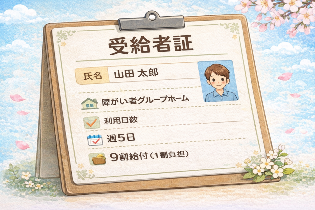 受給者証のイメージイラスト。クリップボードに挟まれた受給者証に、氏名、利用サービス（障がい者グループホーム）、利用日数、自己負担割合などが記載されており、やさしい色合いで描かれている。