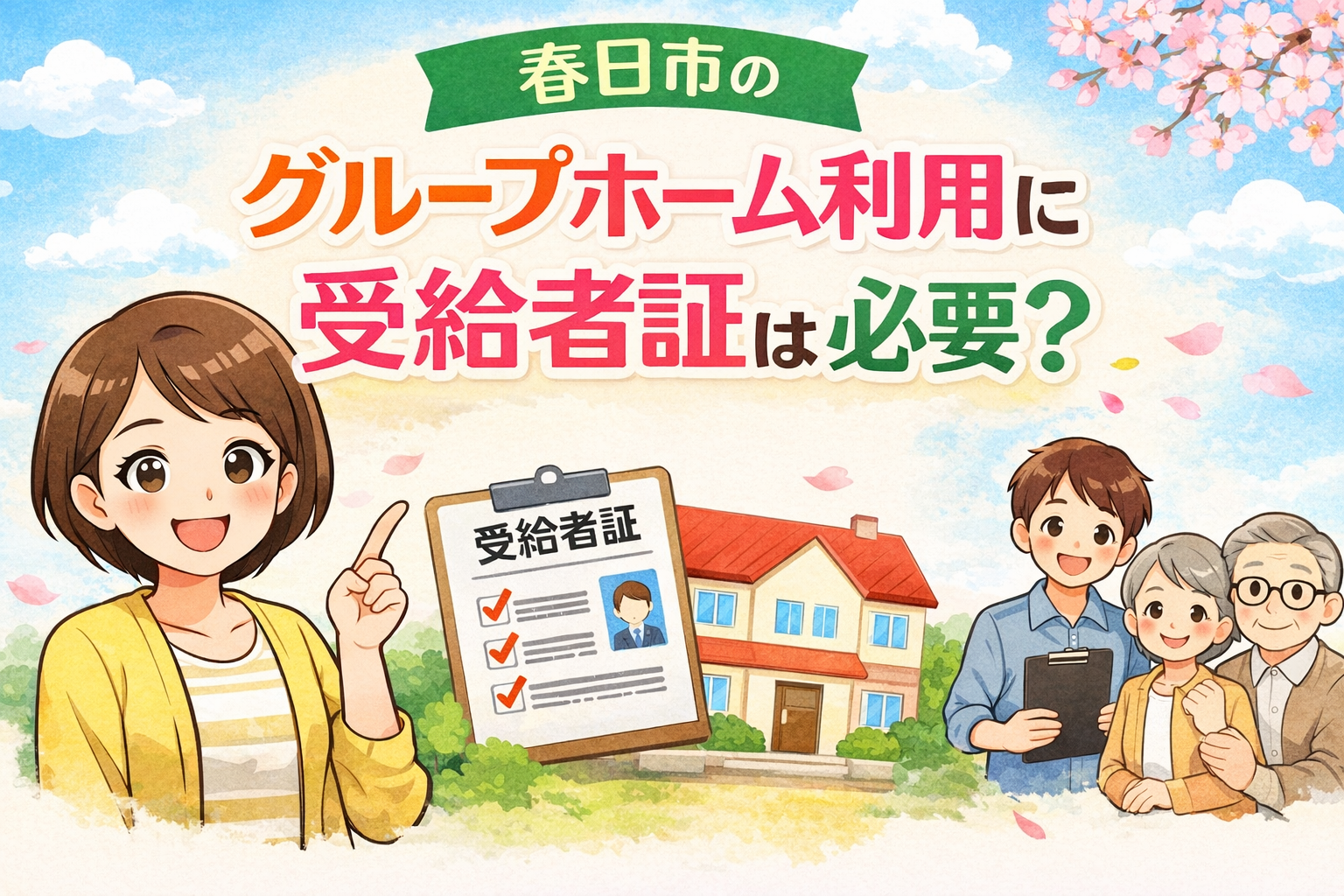 春日市のグループホーム利用に受給者証は必要かを解説する記事のアイキャッチ画像。笑顔の女性が指をさしながら説明し、背景にはグループホームの建物と「受給者証」と書かれた書類のイラスト、家族と支援者の姿が描かれている。