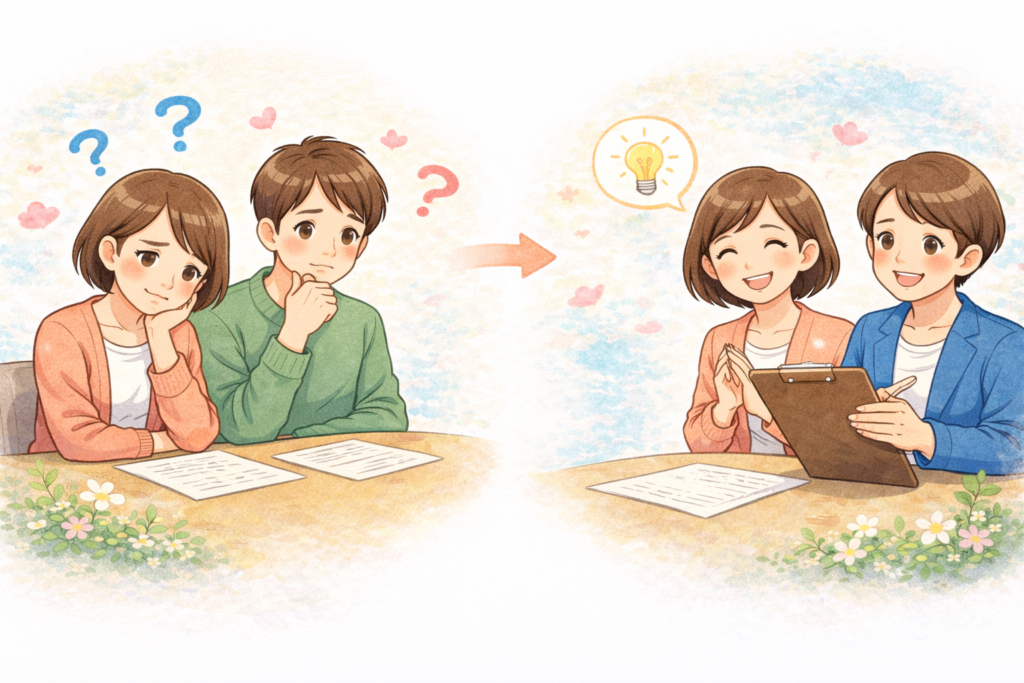 受給者証の相談イメージを表すイラスト。左側では成人女性と男性が書類を前に少し不安そうな表情で悩んでおり、右側では相談員と話す中で安心した笑顔に変わっている様子が描かれている。相談前と相談後の気持ちの変化をやさしく表現した画像。