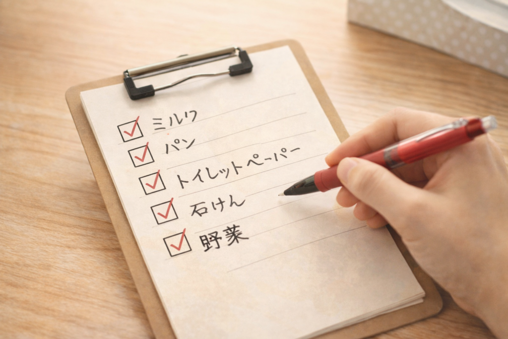 テーブルの上で、クリップボードに挟んだ手書きの買い物メモにペンでチェックを入れている手元の様子