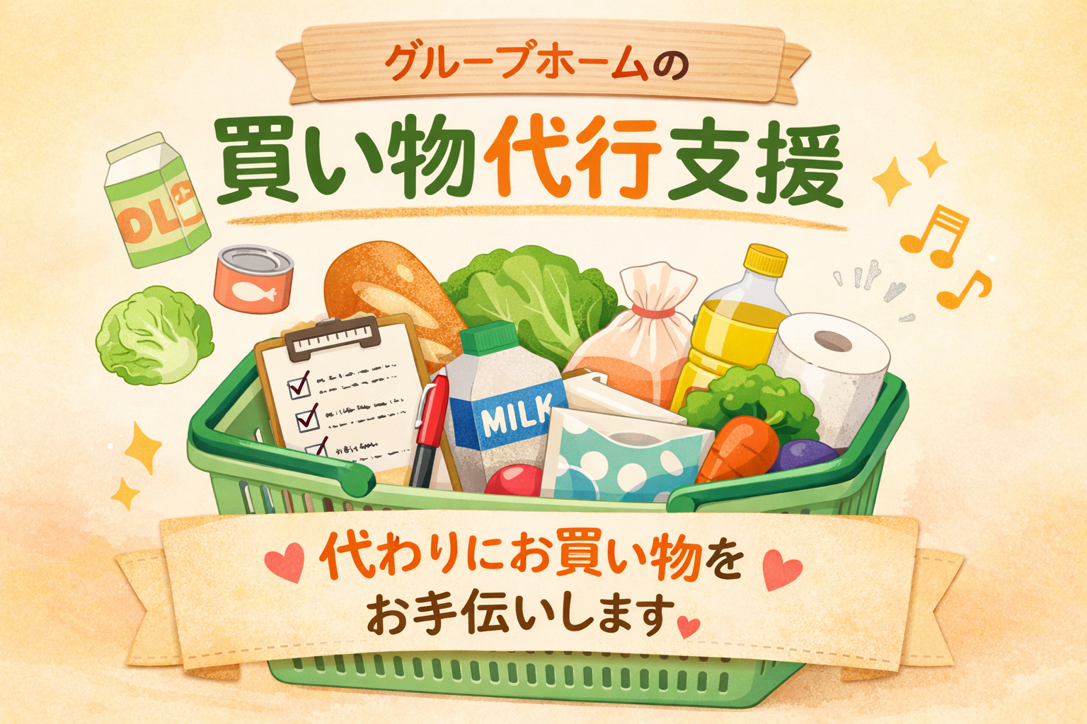 グループホームの買い物代行支援をイメージしたイラスト。食材や日用品が入った買い物かごと「代わりにお買い物をお手伝いします」という文字が描かれている