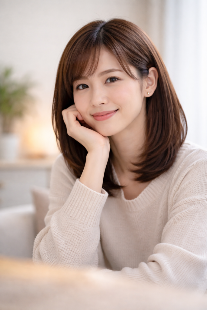 穏やかな表情で微笑む日本人女性の写真|安心した生活や安定した暮らしをイメージした画像