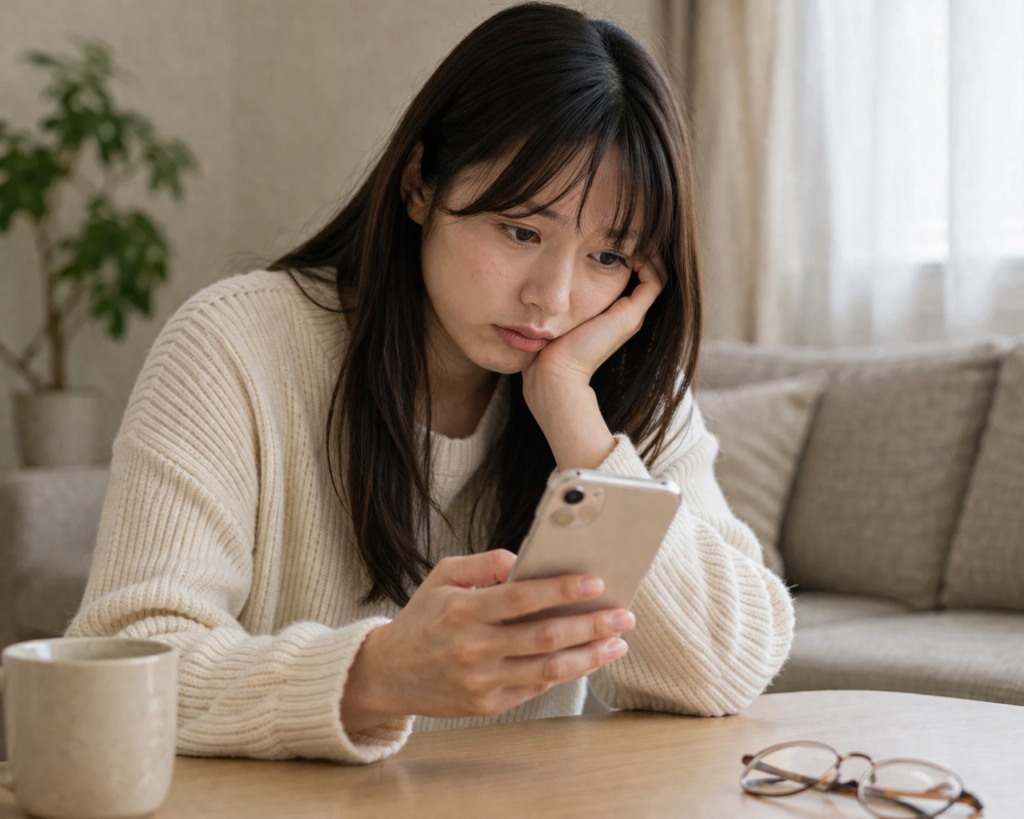 スマートフォンを見つめながら疲れた表情を浮かべる女性の写真｜スマホ依存や使いすぎによる影響を表現したイメージ画像