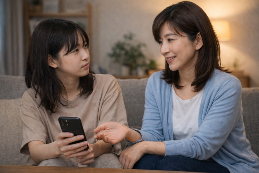 スマートフォンを見ながら支援者と利用者が会話している様子の写真｜スマホ利用についての関わりや支援を表現したイメージ画像