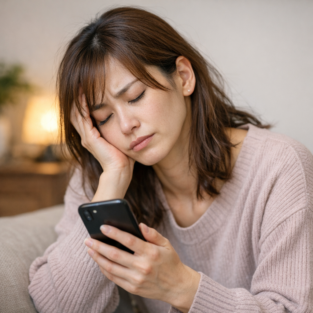 スマートフォンを見ながら疲れた表情をしている女性の写真｜スマホ利用による負担や依存をイメージした画像