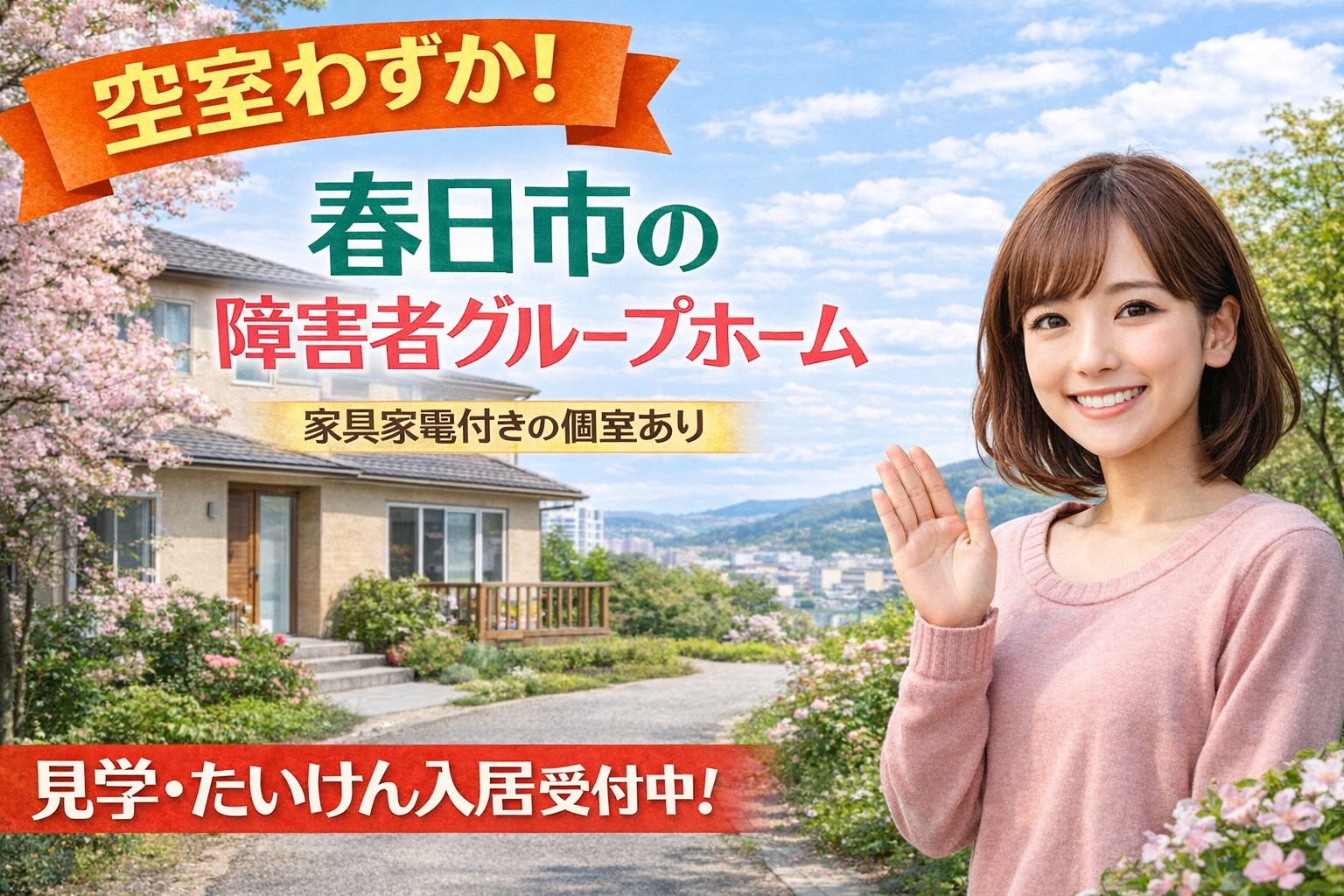 春日市の障がい者グループホーム「わたしの居場所」の空室案内イメージ。戸建て住宅の前で女性が案内し、家具家電付き個室と見学・体験入居受付中を紹介する写真。