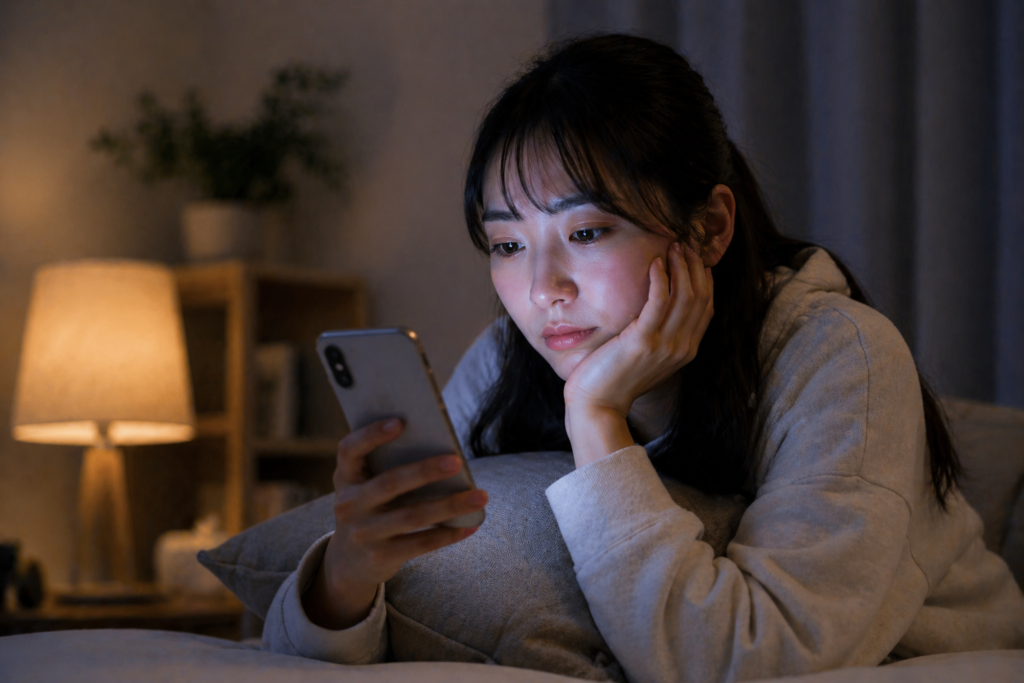 夜の部屋でスマートフォンを見つめる女性の写真｜不安や孤独からスマホを使い続けてしまう様子を表現したイメージ画像