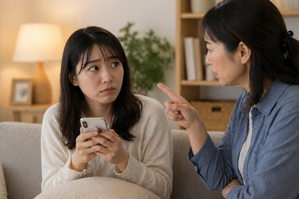 スマートフォンを持つ女性が注意されて戸惑っている様子の写真｜スマホ使用に対する強い注意などのNG対応を表現したイメージ画像