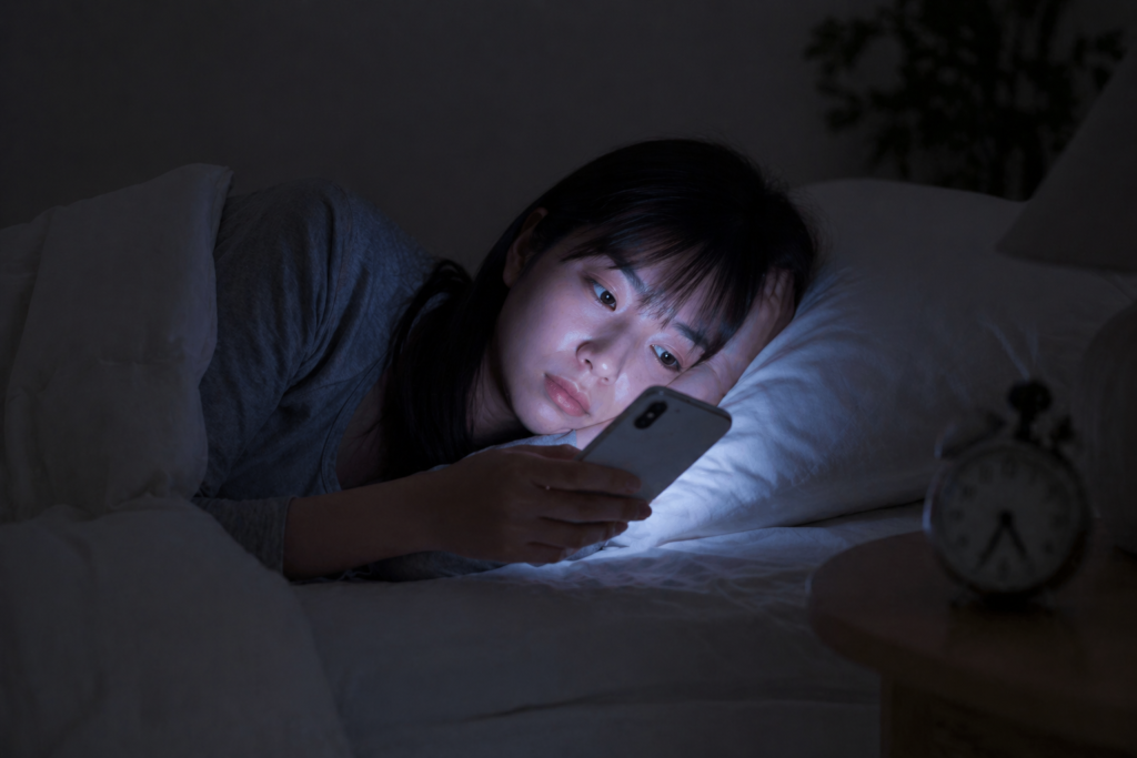 夜のベッドで眠れずスマートフォンを見ている女性の写真｜スマホ使用による睡眠への影響を表現したイメージ画像