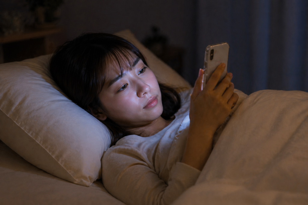 夜のベッドでスマートフォンを見ている女性の写真｜寝る前にスマホを使い続けてしまう様子を表現したイメージ画像