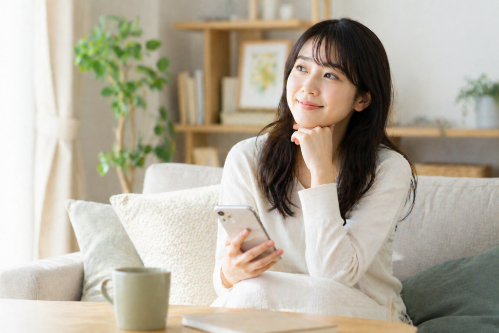 明るい部屋で、スマホを手元に置きながらも、穏やかに微笑んでリラックスしている日本人女性。清潔感のある部屋、やわらかい自然光、安心した暮らしを感じる実写版イメージ。