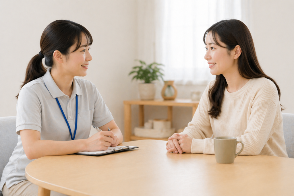 テーブルを挟んで女性同士が落ち着いて会話している様子の写真｜スマホ利用について支援者と利用者が相談している場面を表現したイメージ画像