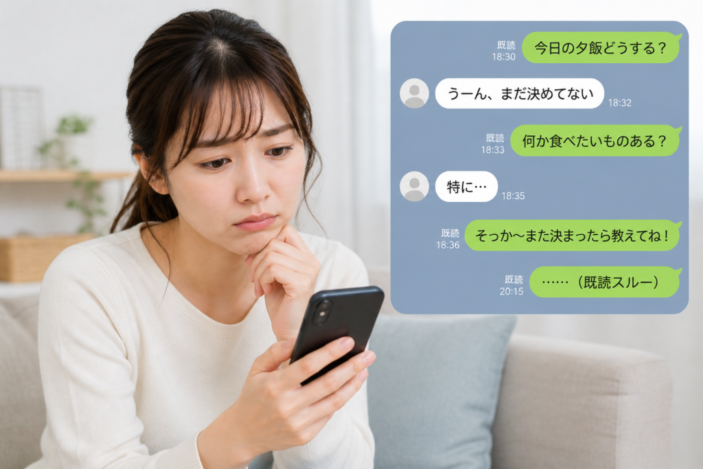 スマートフォンのメッセージを見て悩んでいる女性の写真｜LINEの既読スルーなどスマホトラブルを表現したイメージ画像