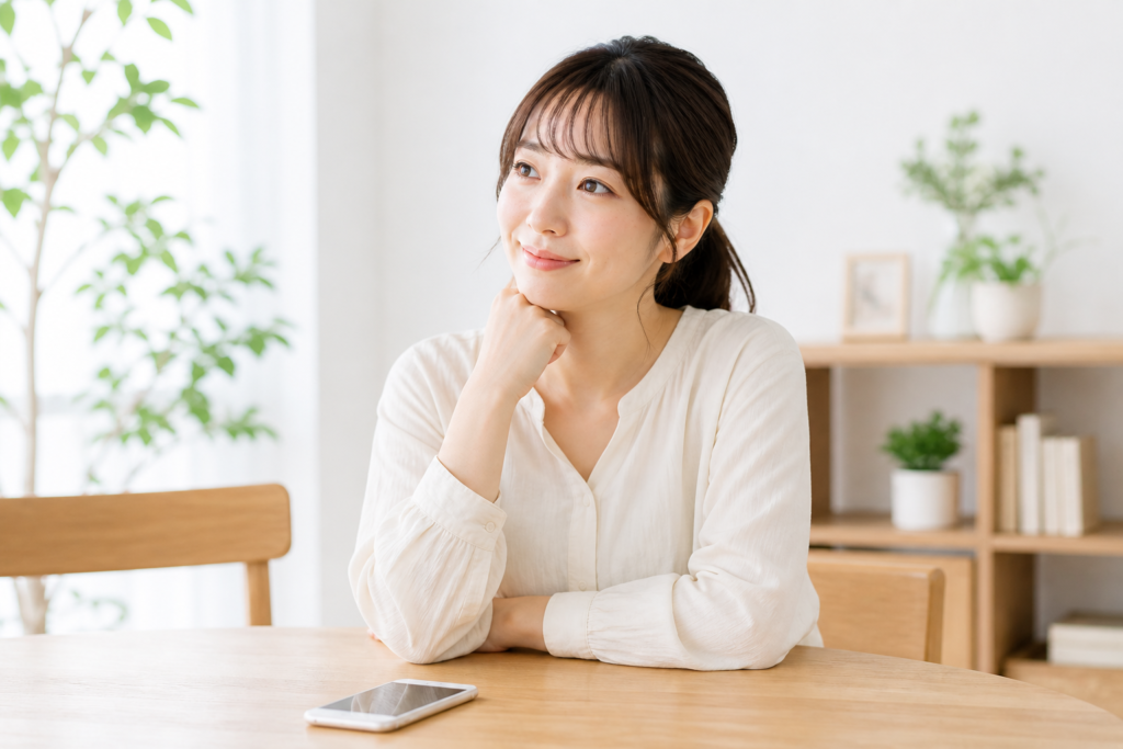 テーブルにスマートフォンを置き、安心した表情でリラックスしている女性の写真｜スマホトラブルが落ち着いた状態を表現したイメージ画像